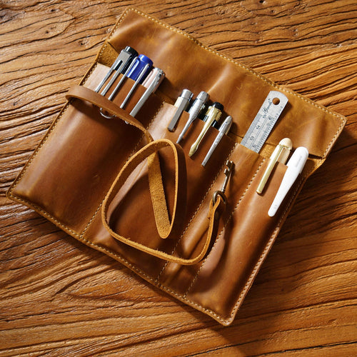Leather Pen Roll - Top-Grain Cowhide Pencil & Brush Wrap