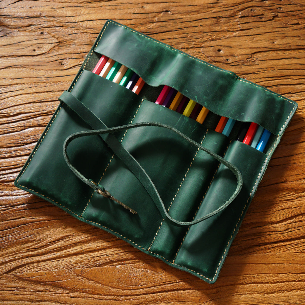 Leather Pen Roll - Top-Grain Cowhide Pencil & Brush Wrap